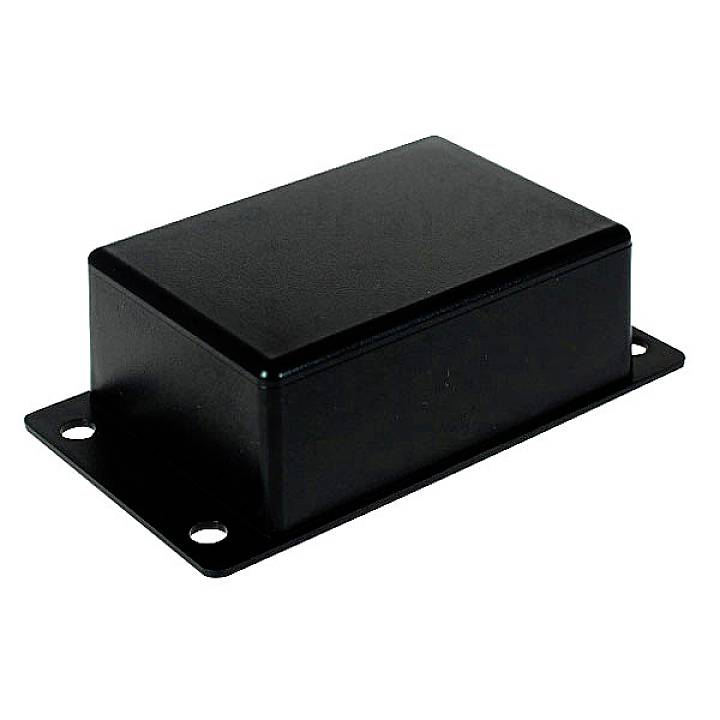 Boîtier noir rectangulaire avec bride de fixation murale, adapté aux composants électroniques ou petits appareils.