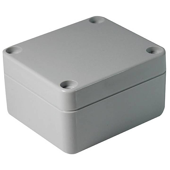 Boîtier carré de couleur grise avec des angles arrondis et quatre trous de vis aux coins, adapté pour une protection mécanique.