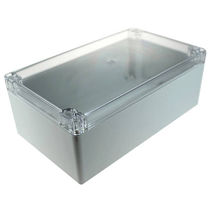 Boîtier rectangulaire blanc avec couvercle transparent, adapté aux applications électroniques.