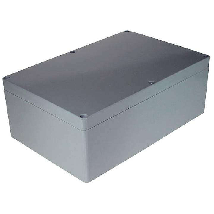 Boîtier rectangulaire gris-noir à couvercle lisse, adapté aux composants électroniques ou à la gestion des câbles.