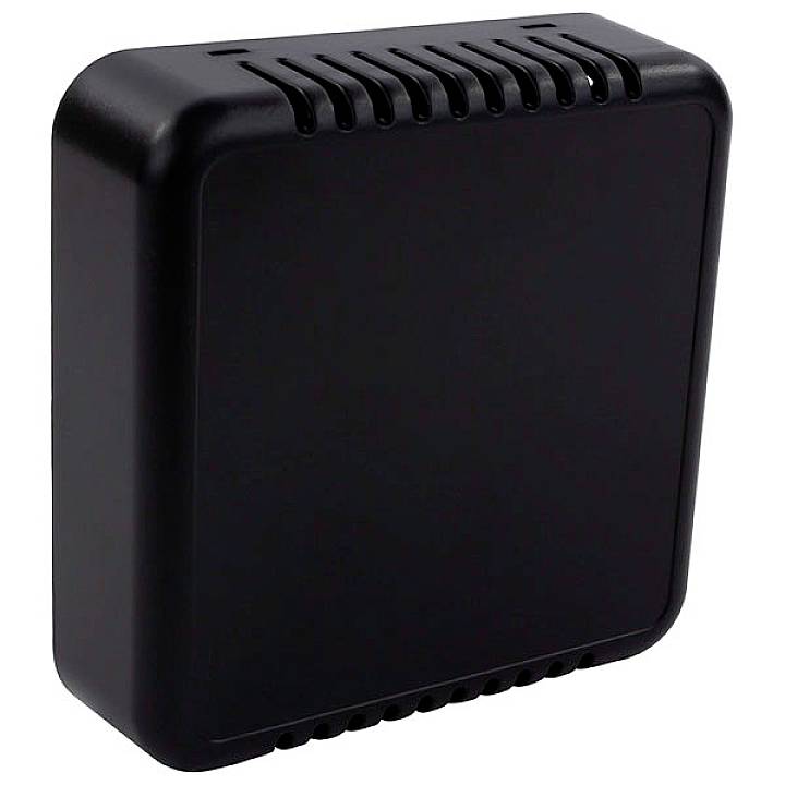 Boîtier en plastique noir rectangulaire avec des fentes de ventilation sur les bords supérieur et inférieur.