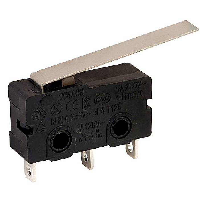 Un microrupteur à levier. L'interrupteur possède trois bornes et est conçu pour une tension de 250V.