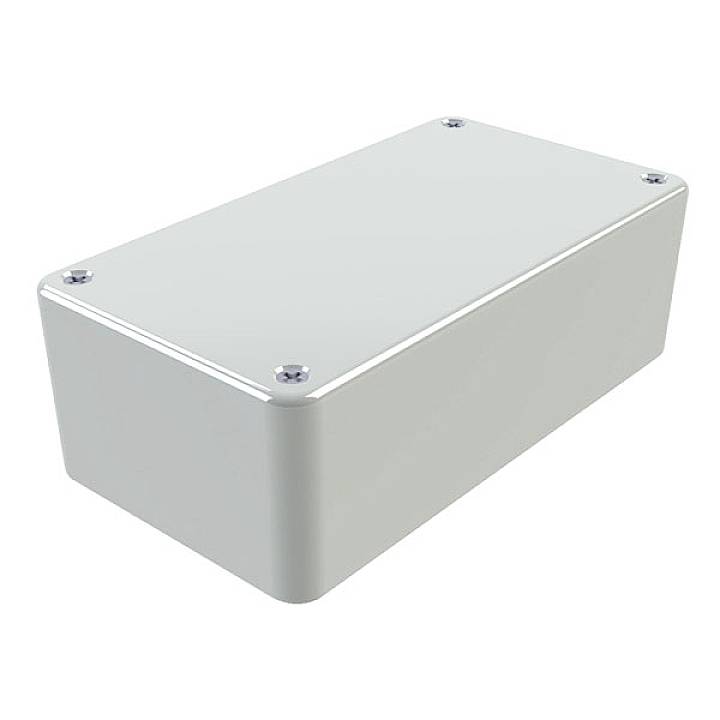 Boîtier métallique rectangulaire gris aux bords arrondis, avec des vis visibles aux coins du couvercle supérieur.