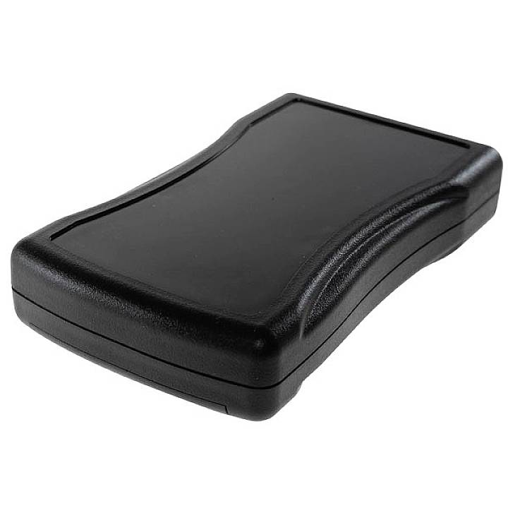 Boîtier électrique noir, rectangulaire, aux angles arrondis, destiné aux projets électroniques ou aux appareils.