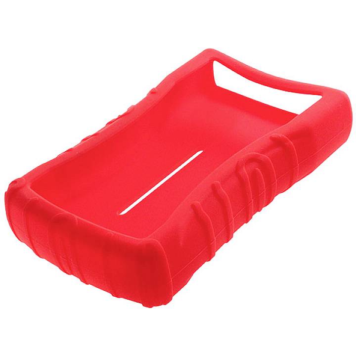 Étui en silicone rouge pour appareil, design robuste avec côtés texturés pour une meilleure prise en main.