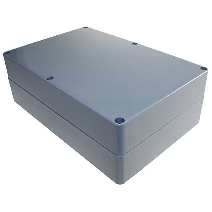 Un boîtier rectangulaire en plastique gris avec un couvercle amovible. Adapté aux composants électroniques ou aux câblages.