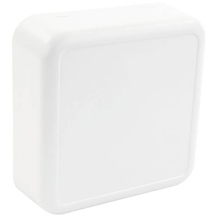 Boîte en plastique blanc, carrée, avec des coins arrondis.