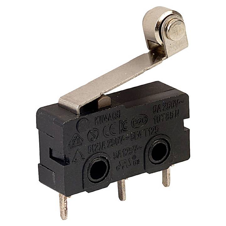 Un interrupteur micro noir avec un levier métallique, trois bornes en bas, utilisé dans les appareils électroniques pour le contrôle.