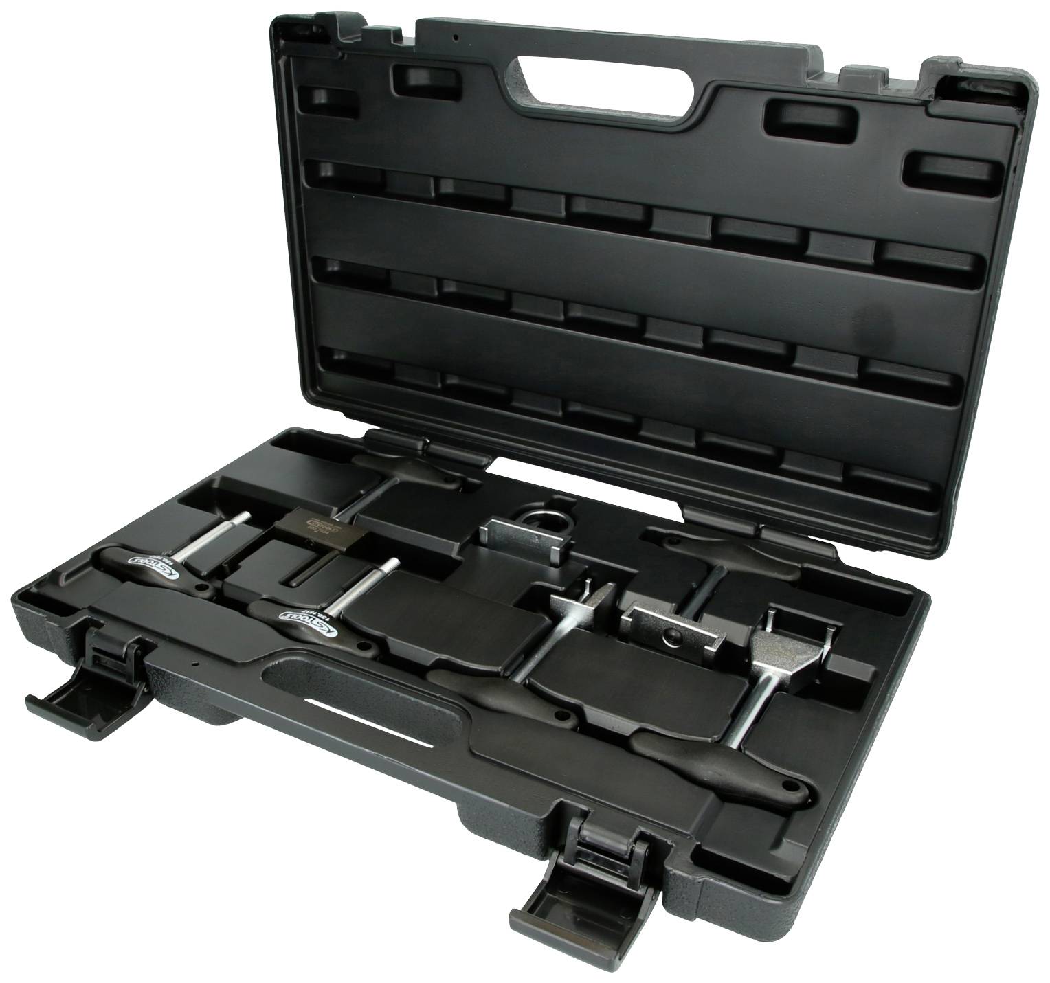 Boîte à outils noire ouverte avec plusieurs compartiments, contenant divers outils et accessoires.