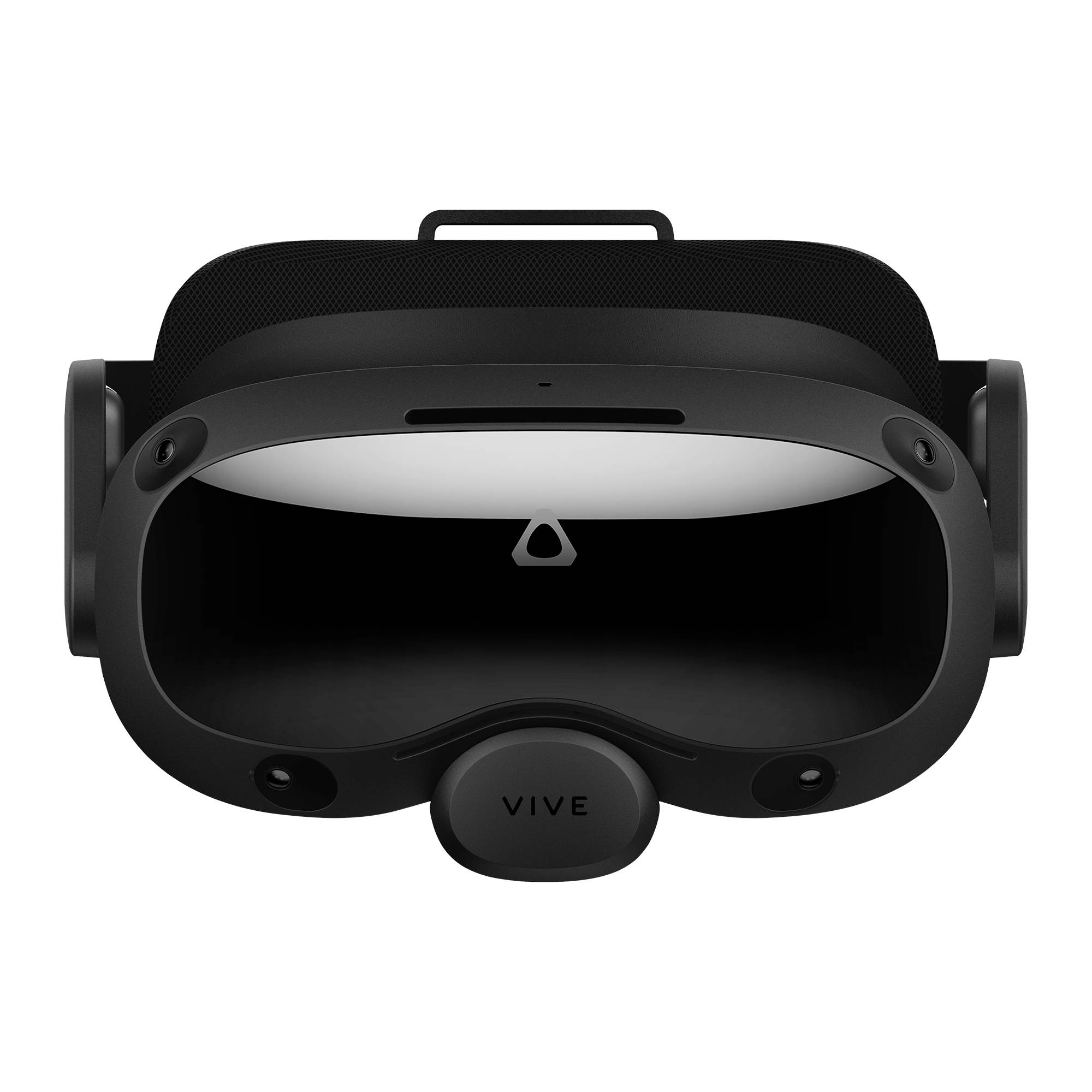 Casque VR vu de face, noir, avec un design de surface lisse et l'inscription 'VIVE'. Il dispose d'un arceau en haut pour la fixation.