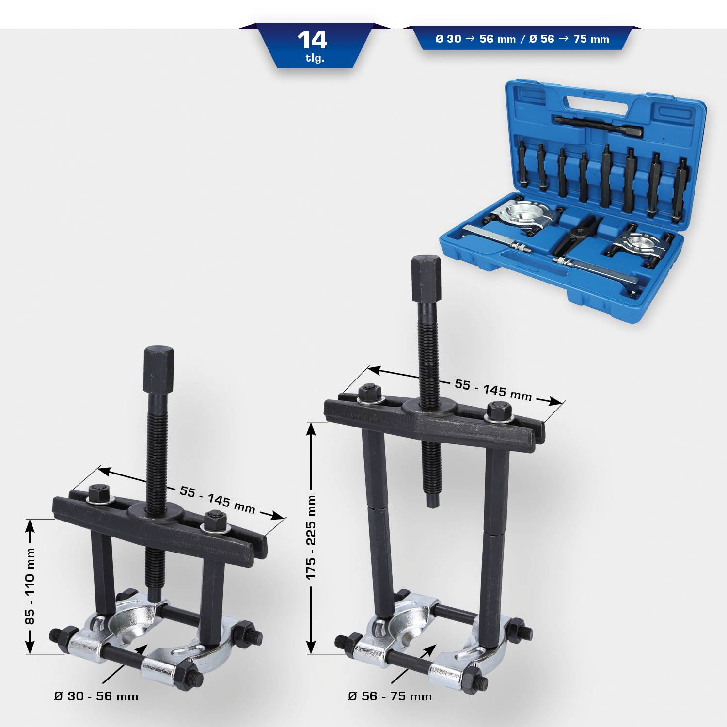 Coffret d'outils de réparation d'extracteur avec 14 pièces, comprenant un extracteur et un coffret de rangement. Adapté pour des diamètres de 30-75 mm.