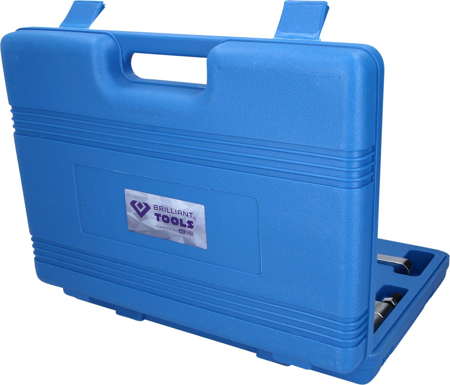 Valise bleue en plastique avec poignée, fermée, logo de marque 'Brilliant Tools' sur le côté. Idéale pour le rangement des outils.