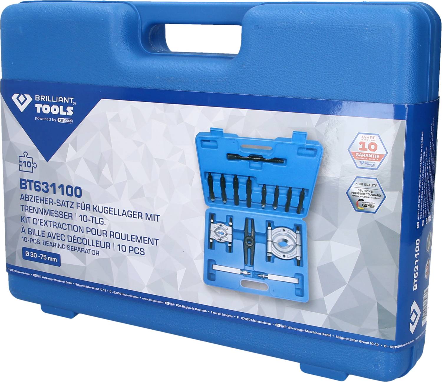 Coffret à outils bleu portant l'inscription 'BT631100 Jeu d'extracteurs pour roulements'. Contient un ensemble de couteaux séparateurs, 10 pièces, 30-75 mm.