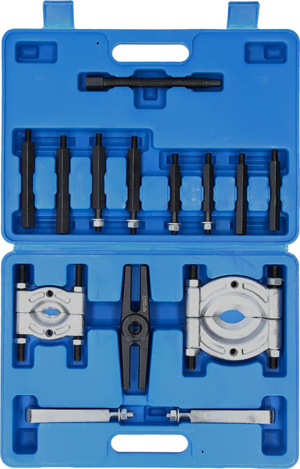 Boîte à outils bleue contenant divers outils : extracteurs, embouts de tournevis, supports. Outils bien rangés.
