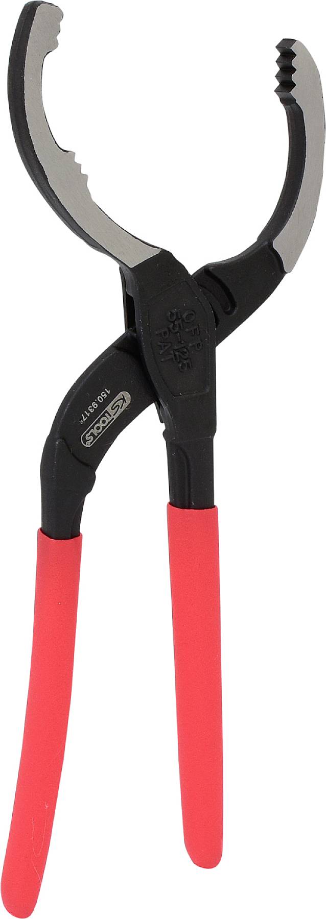 Une pince à filtre à huile rouge, réglable, avec des poignées antidérapantes pour desserrer des bouchons à vis ou des objets serrés.