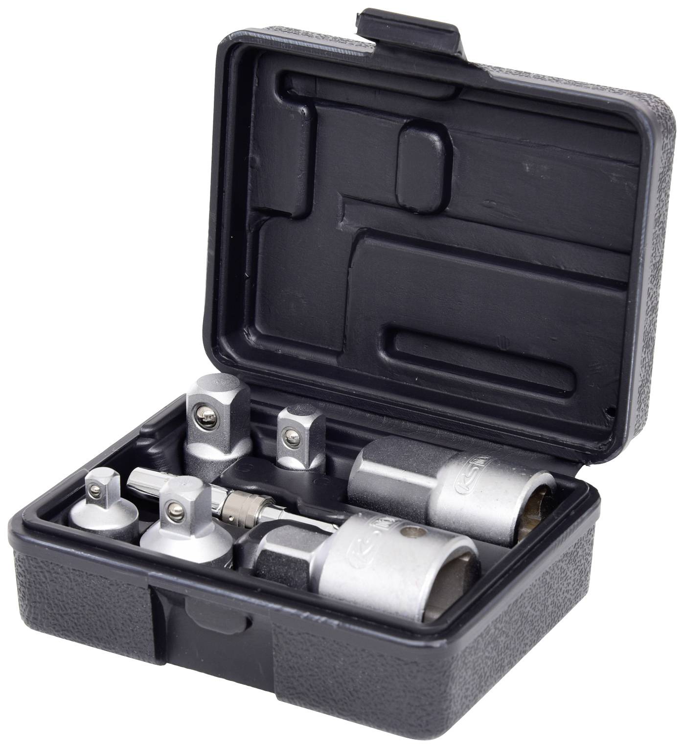 Une valise à outils noire contenant différentes clés à douilles et adaptateurs. Tous les outils sont soigneusement rangés dans la valise.