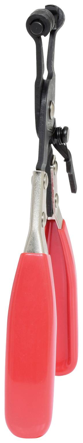 Pince à bec en métal avec poignées en plastique rouge. La pince est ouverte et montre ses mâchoires dentelées. Adaptée aux travaux électroniques.