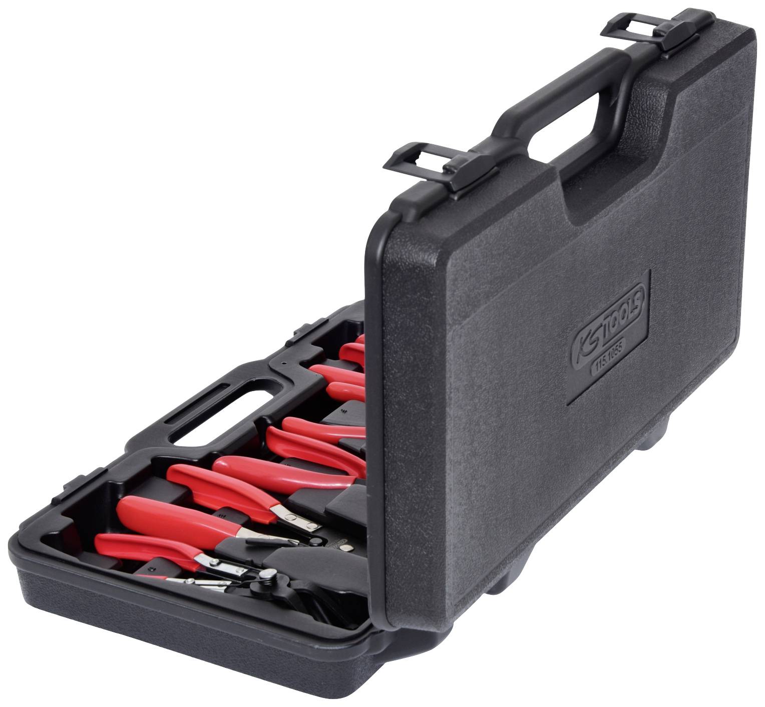 Coffret à outils noir ouvert avec des poignées rouges contenant différentes pinces, prêt à être utilisé.