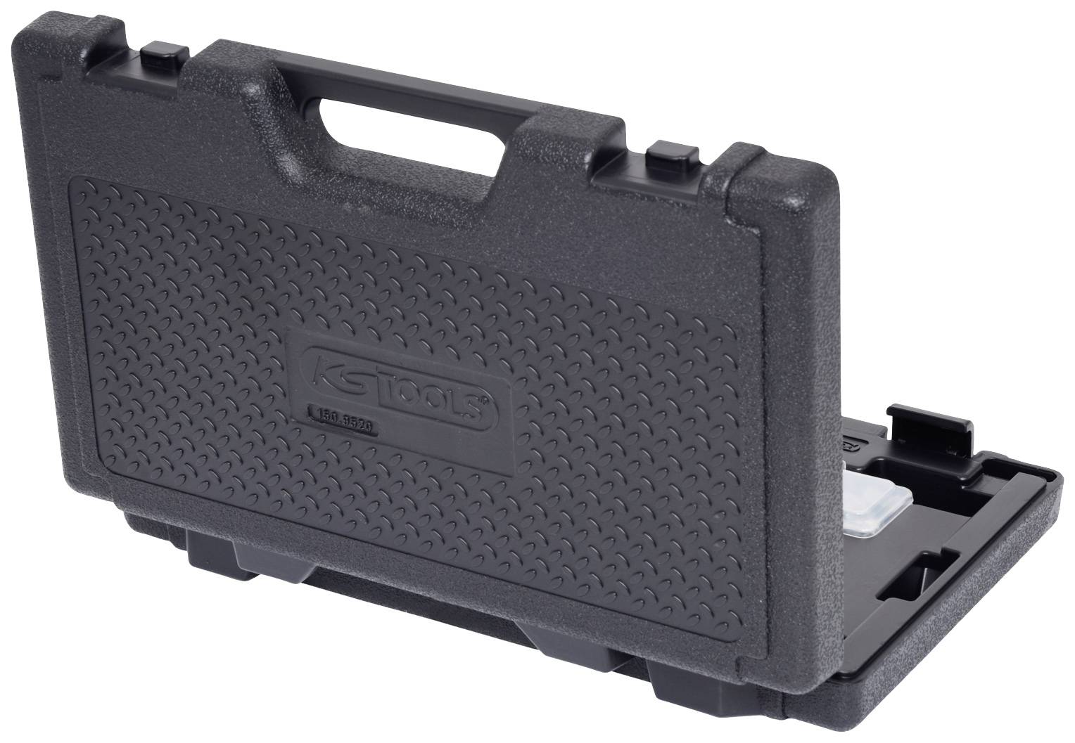 Mallette à outils noire en plastique avec poignée de transport, légèrement ouverte.