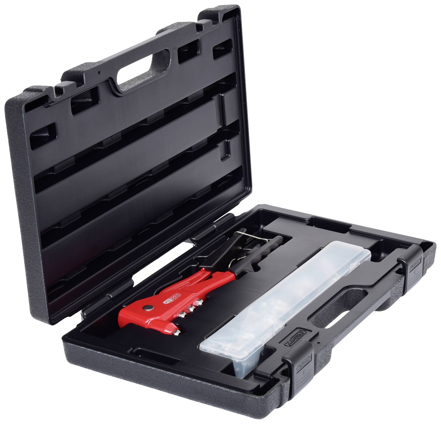 Coffre à outils noir ouvert avec une pince à rivets rouge et un récipient transparent pour accessoires.