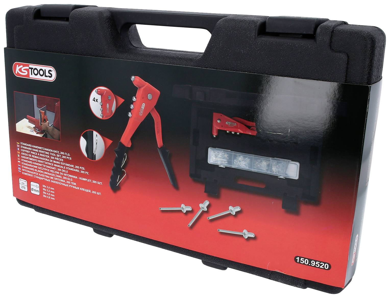 Une valise noire avec le logo KS Tools, contenant un ensemble de rivets et des outils. Sur l'emballage figurent des illustrations des outils.
