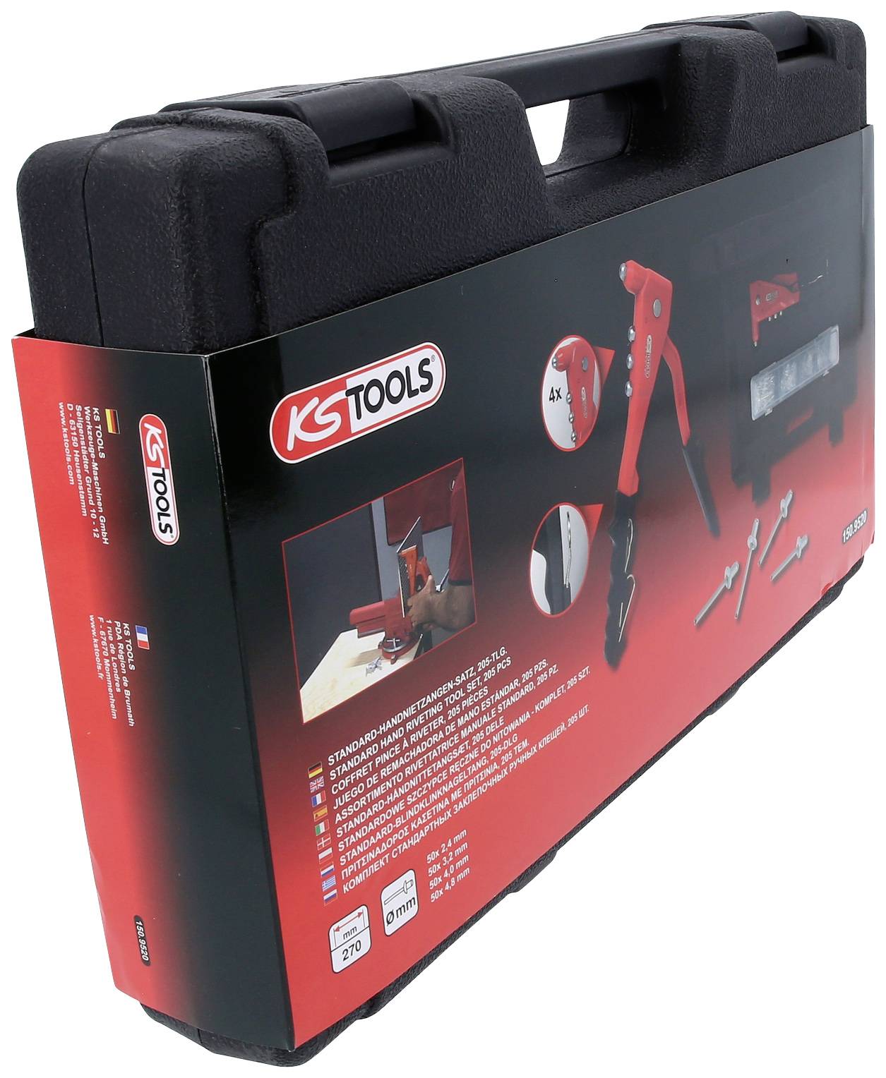 Coffret à outils noir de KS Tools avec étiquette rouge, montrant divers outils et images d'application sur l'emballage.