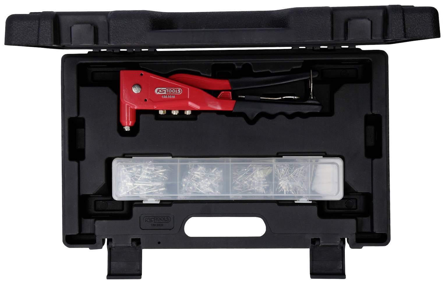 Une boîte à outils noire ouverte contient une pince à rivets rouge et une boîte transparente avec des clous.
