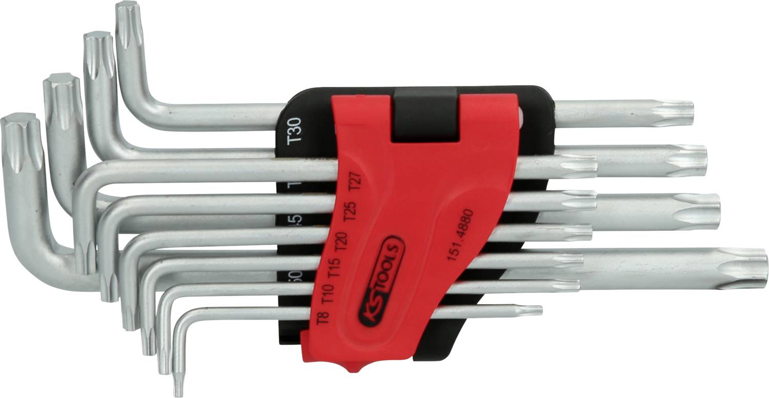 Jeu de clés Torx avec support, neuf clés de tailles différentes, disposées du plus petit au plus grand, marquées de leur taille et du logo.