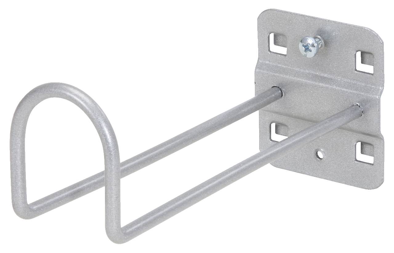 Support métallique à deux barres parallèles et une plaque murale percée, adapté pour une fixation sécurisée au mur.