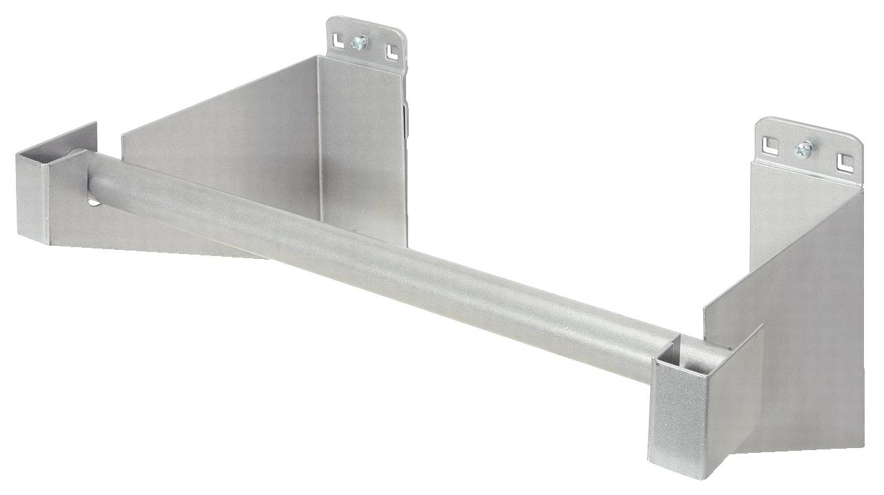 Support métallique à base rectangulaire et traverse montée, adapté pour une fixation murale, deux trous de vis en haut.