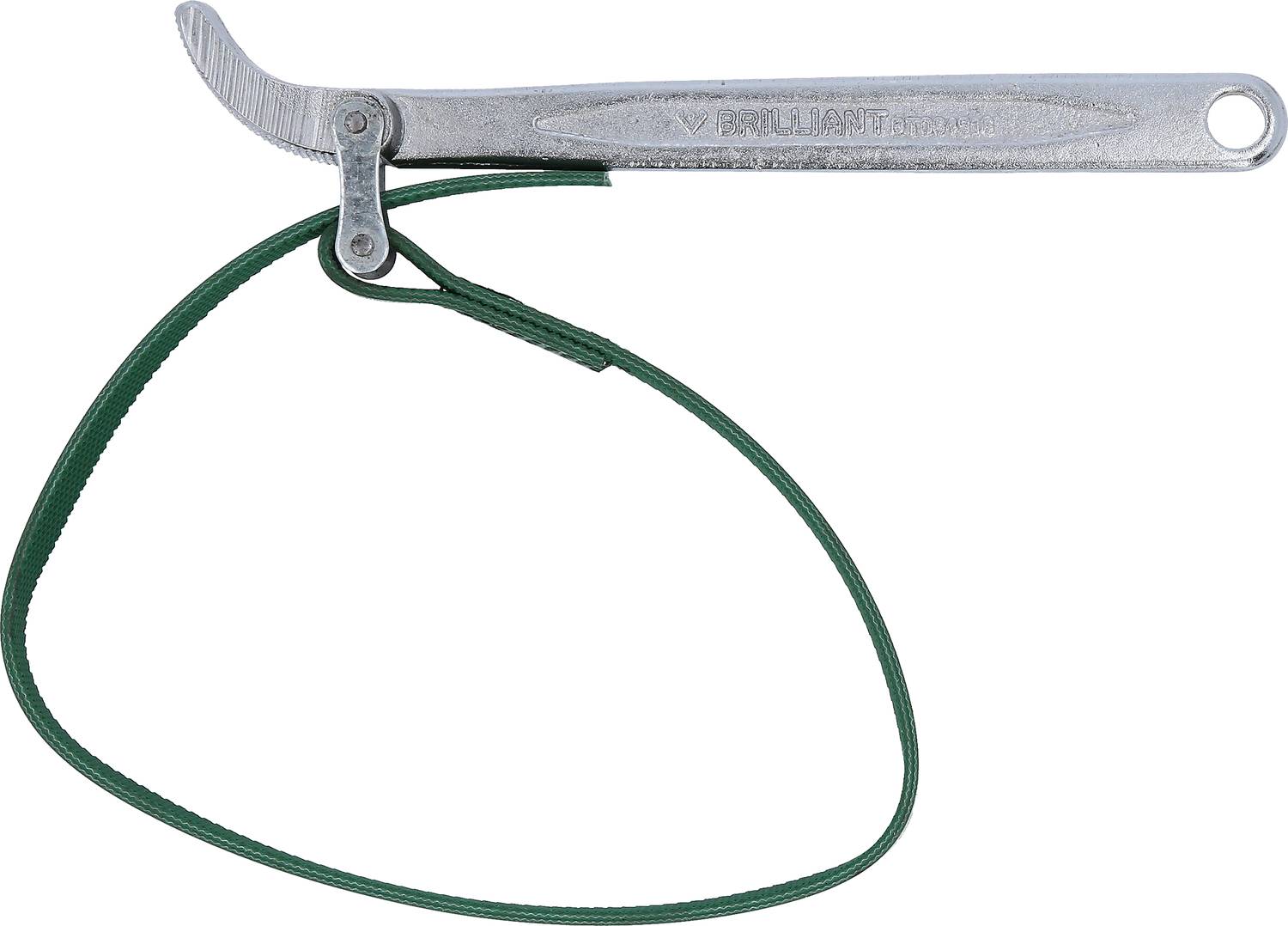 Outil métallique à long manche et sangle verte, probablement utilisé pour desserrer des objets ronds tels que des couvercles ou des tuyaux.