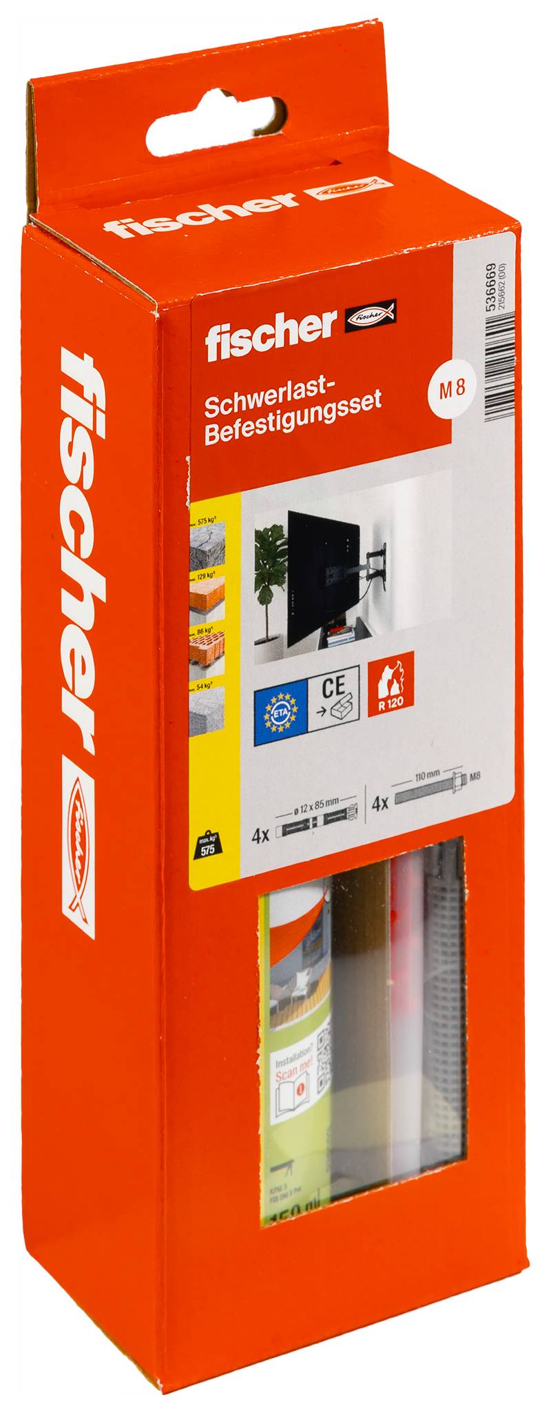 Un emballage rouge et jaune pour un ensemble de fixation Fischer haute charge, taille M8, avec une image d'un support de télévision mural. Contient des vis de fixation.