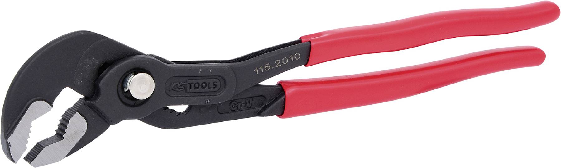 Pince à poignée rouge et tête noire, adaptée pour saisir et tourner des vis ou des écrous.