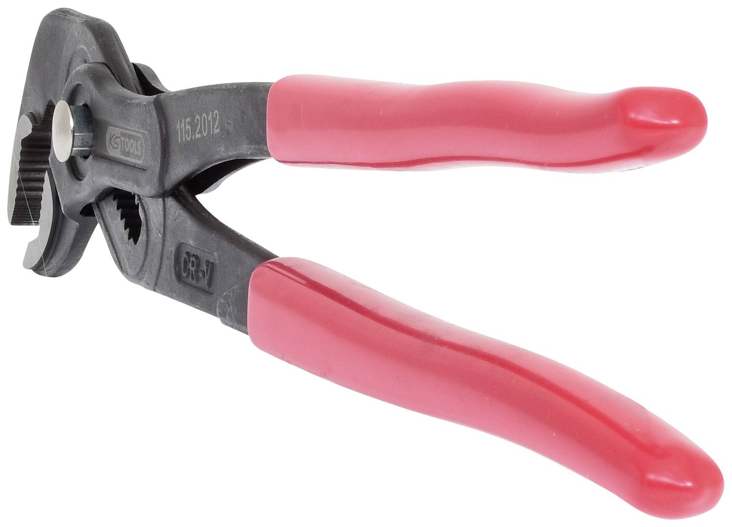 Pince à tube en noir avec des poignées en caoutchouc rouge, ouverte. Adaptée pour les travaux d'installation sur des tuyaux et des raccords.