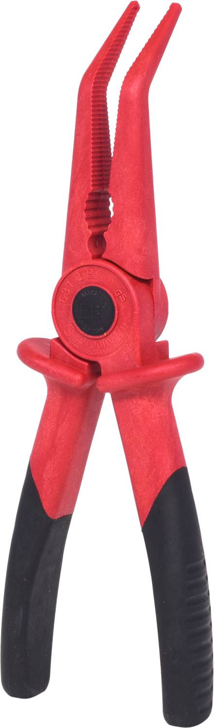Pince en plastique rouge avec poignées caoutchoutées, adaptée aux travaux avec des matériaux délicats ou en électrotechnique.