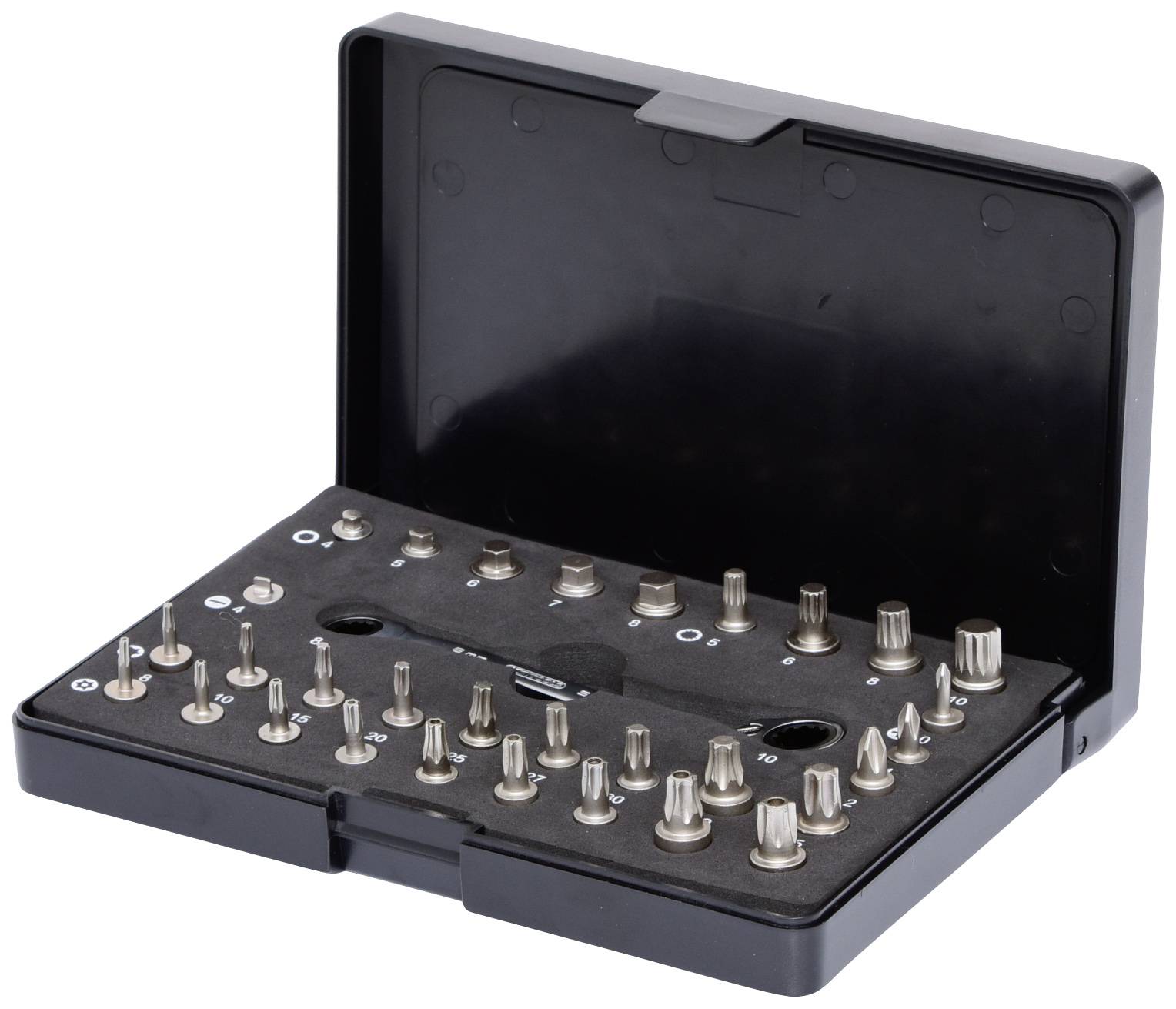 Coffret d'embouts de vissage dans un boîtier en plastique noir, ouvert et organisé avec différents types d'embouts sur des supports en mousse.
