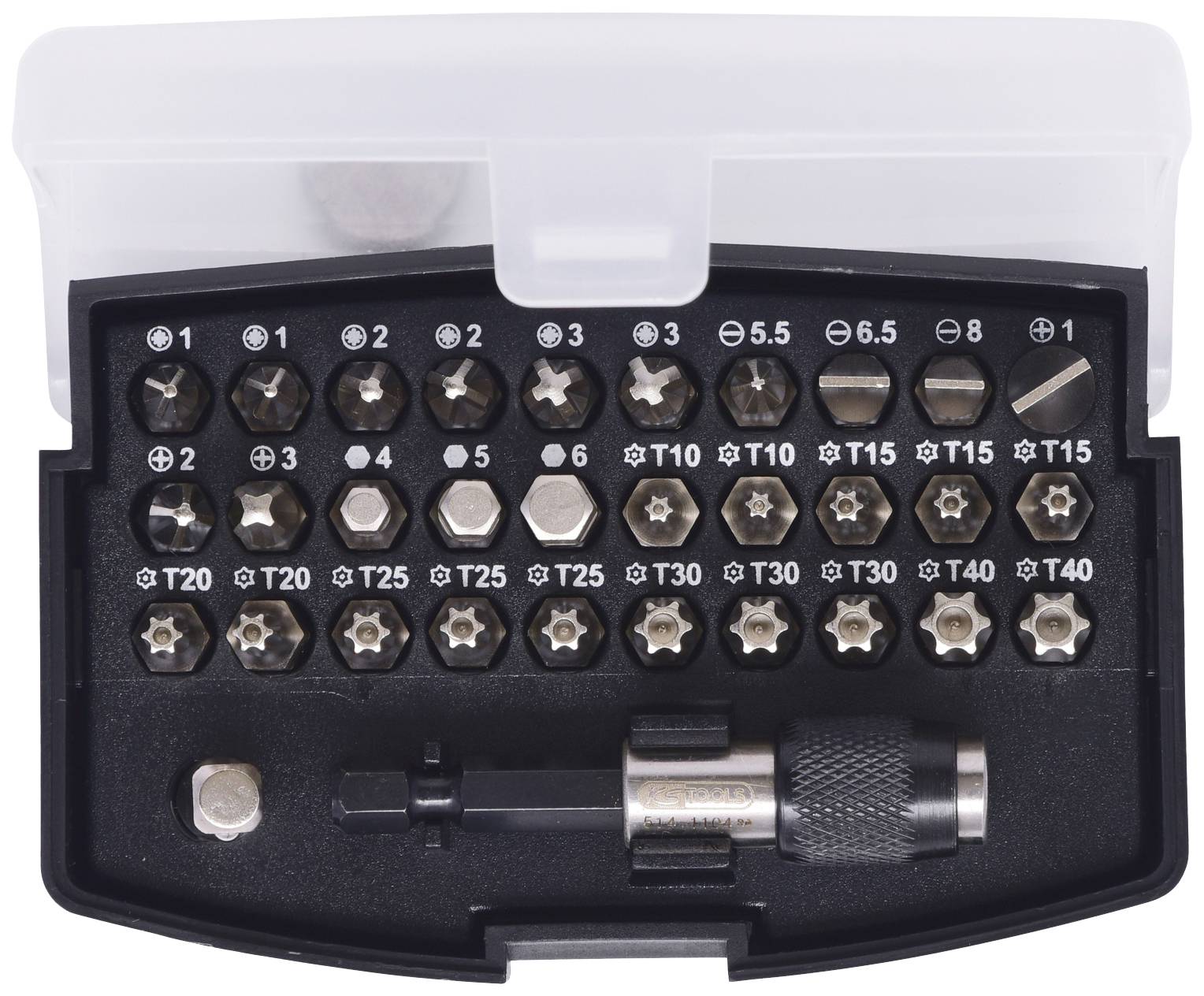 Ensemble d'embouts de tournevis dans un coffret en plastique noir, différentes tailles et formes, avec poignée de support.