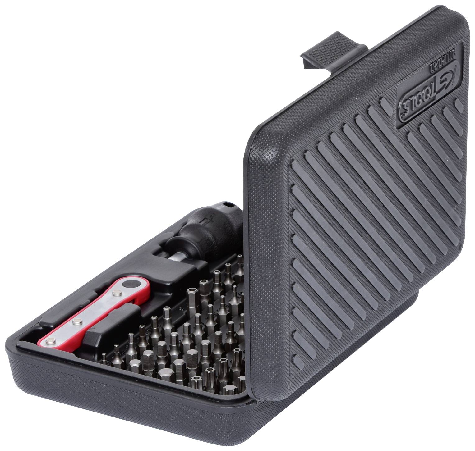 Coffret à outils noir ouvert contenant un ensemble de tournevis avec différents embouts, une clé à cliquet et une poignée.