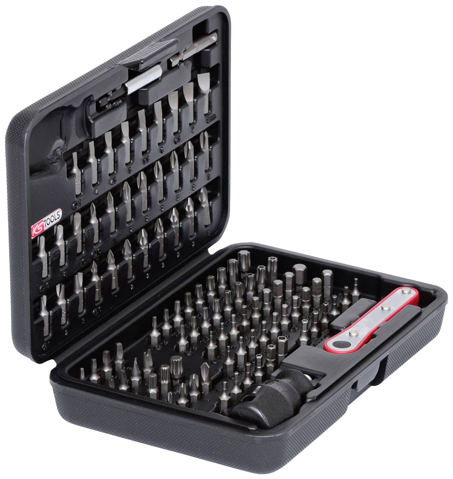 Une valise ouverte contenant un ensemble complet de embouts et d'embouts de tournevis ainsi qu'un tournevis pratique.