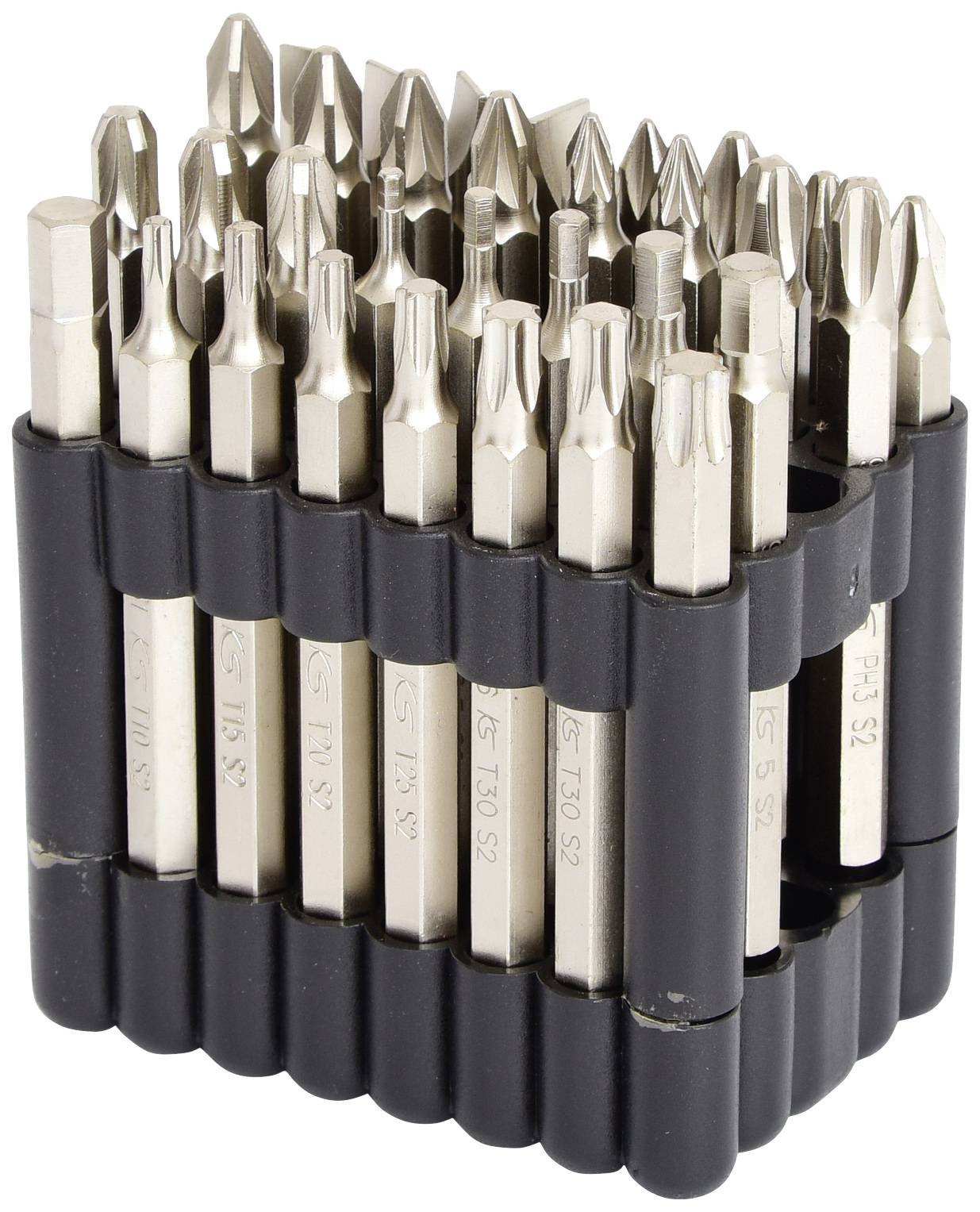 Un ensemble de plusieurs embouts de tournevis de différentes tailles et formes, disposés dans un support noir.