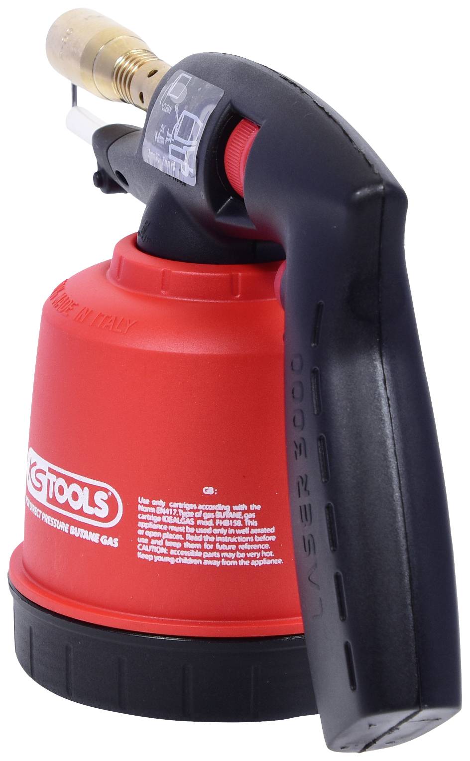 Un brûleur à gaz rouge avec une poignée noire et une buse dorée. L'appareil présente un texte blanc et le logo d'une marque d'outils.