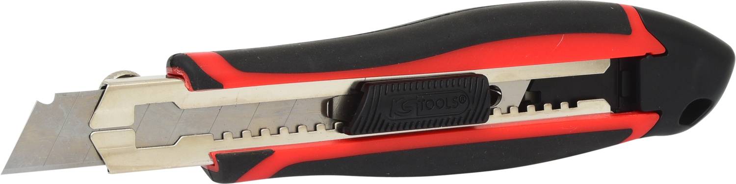 Couteau universel à lame rétractable, avec manche noir et rouge, idéal pour couper des cartons et autres matériaux.