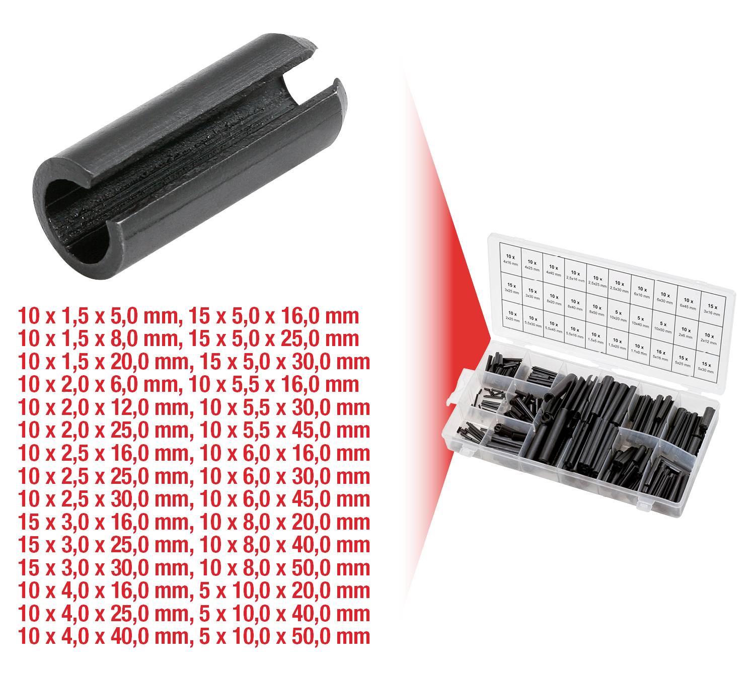 Différentes bagues O-ring métriques et douilles d'espacement dans un coffret de rangement. Une vue rapprochée d'une douille d'espacement est visible à gauche.