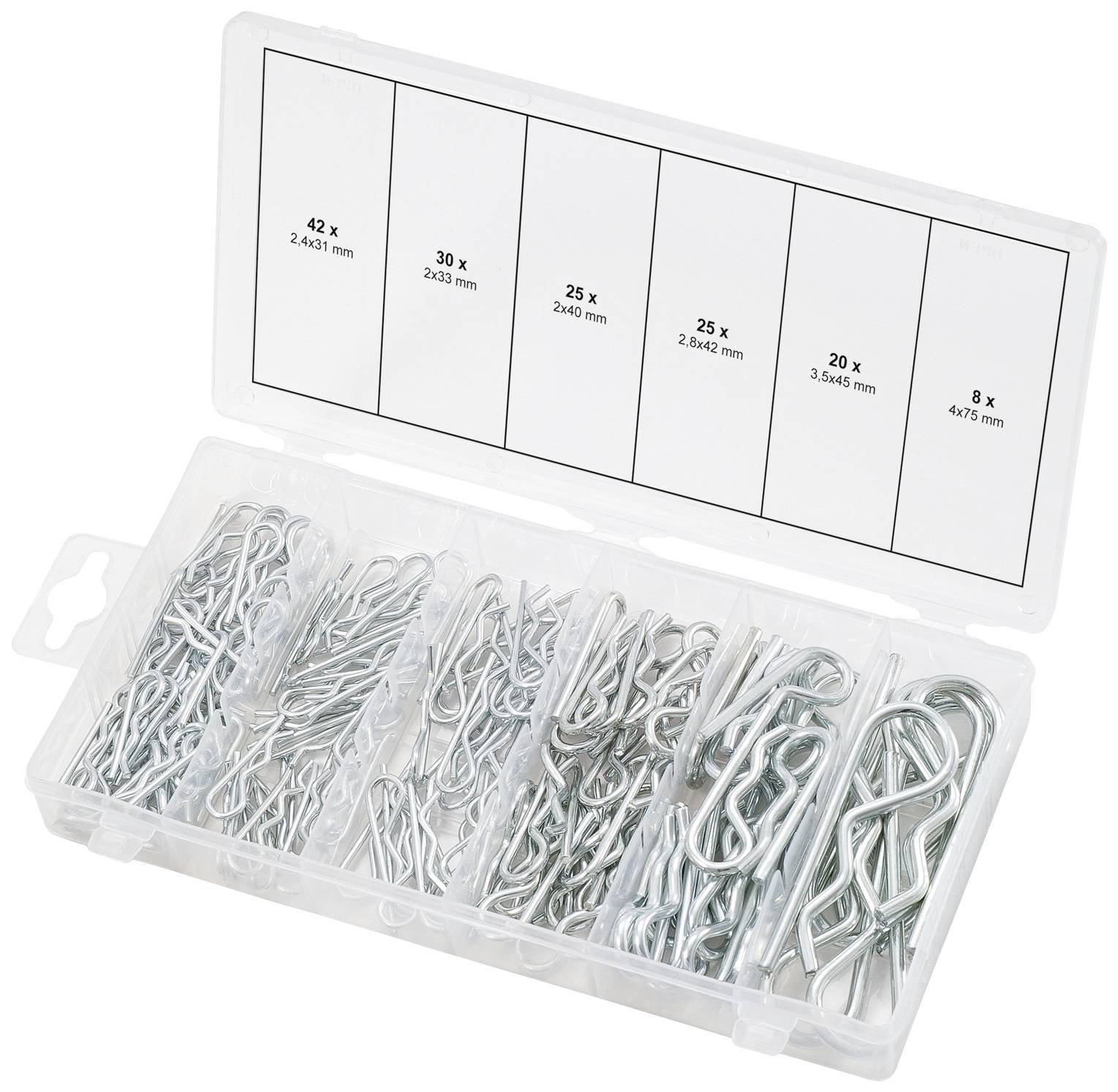 Boîte en plastique avec différentes agrafes métalliques dans des compartiments triés. Dimensions indiquées en mm à l'intérieur du couvercle.