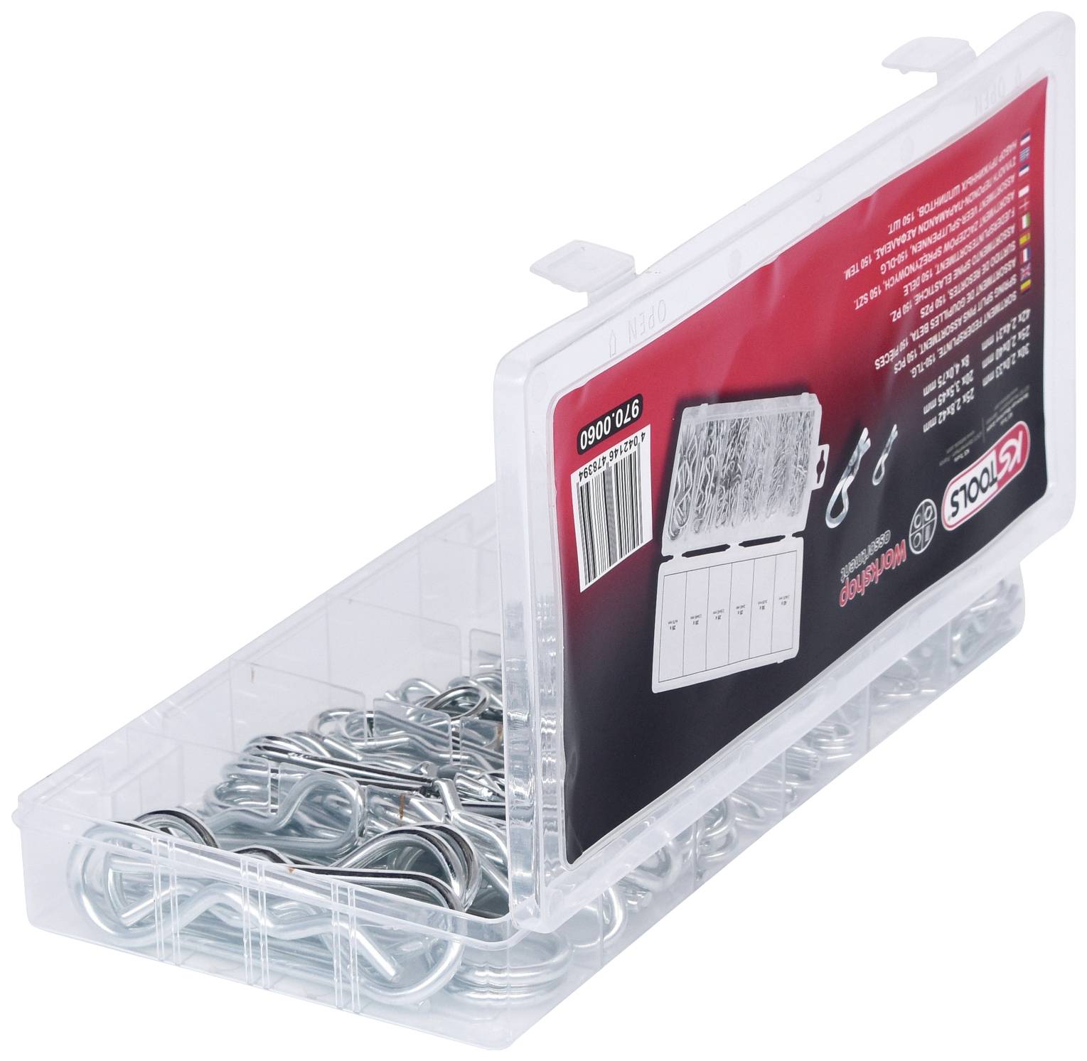 Boîte en plastique transparent avec différents axes de fixation répartis dans plusieurs compartiments, étiquette illustrant des images et des informations sur le produit.