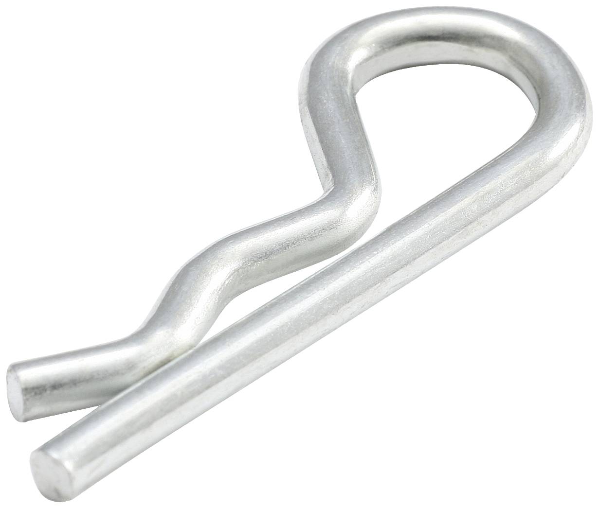 Un goupille à ressort ou goupille fendue en argent, pliée en métal, avec un côté droit et un côté courbé.