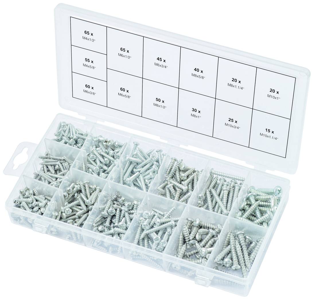 Boîte en plastique contenant des vis métalliques triées de différentes tailles ; les étiquettes sur le couvercle indiquent les quantités et les dimensions des vis.