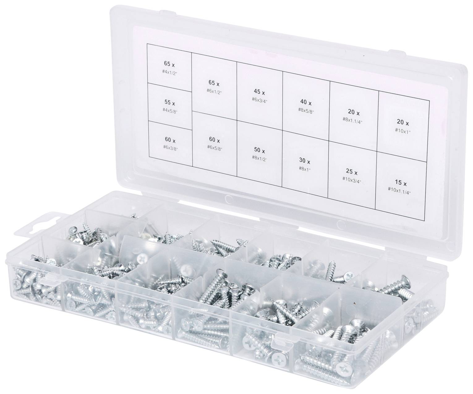 Un récipient en plastique ouvert avec plusieurs compartiments, rempli de différents types de vis. Une étiquette indique la quantité de chaque type.