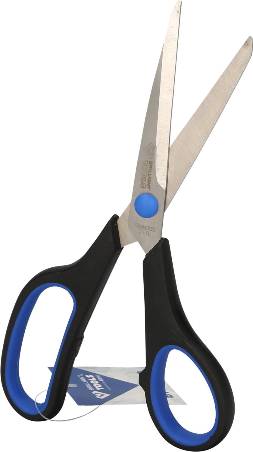 Une paire de ciseaux noir et bleu avec la lame ouverte, debout contre un fond neutre.