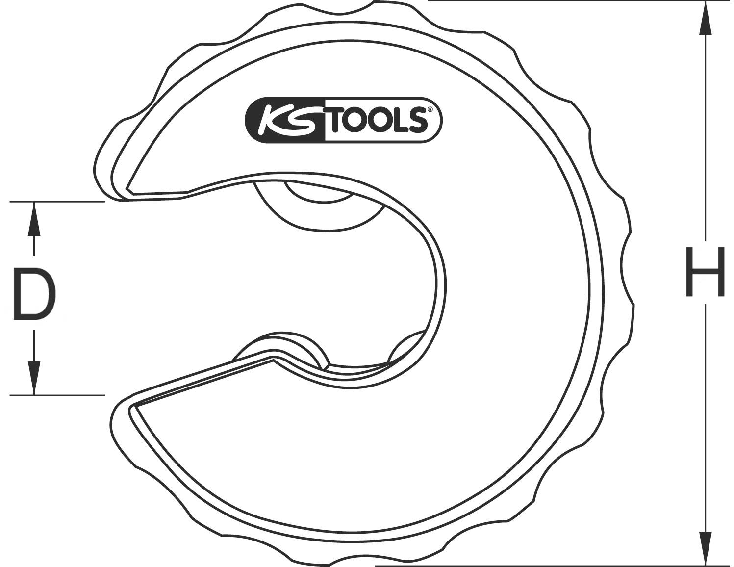 Représentation schématique d'un coupe-tubes, marqué 'KS Tools'. Les dimensions D et H sont indiquées. Roue de coupe visible.
